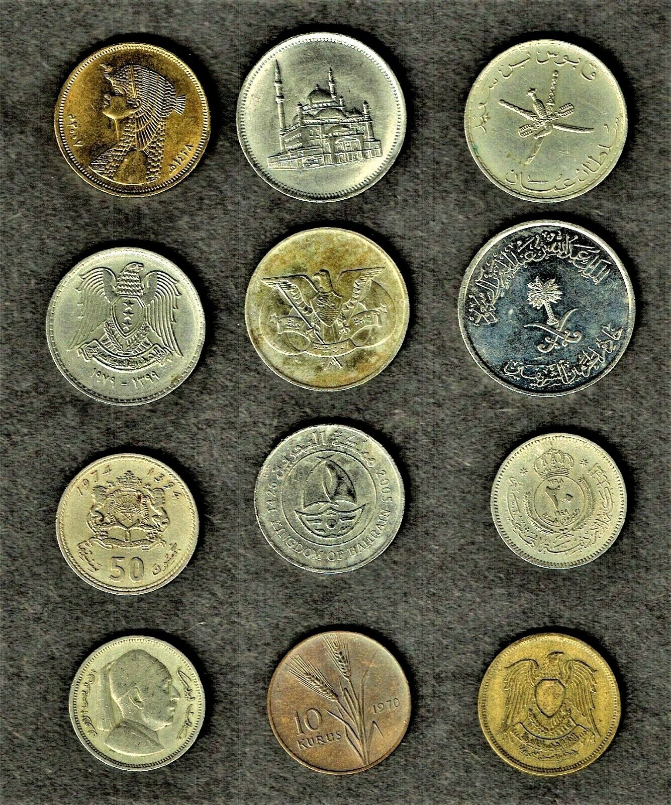Mideast/arabic 12 Coins W/arab Rep Egypt/libya, Syria, Muscat & Oman, Bahrain ++